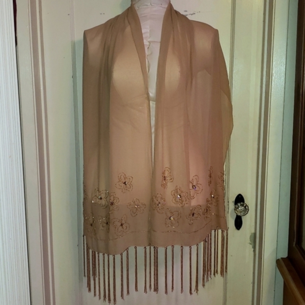 Vintage Beaded Sequin Fringe Scarf Sheer Evening Wrap Boho Tan